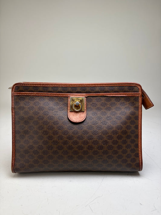 Vintage Celine Coated Canvas Cosmetic Case Brown Tan Gold