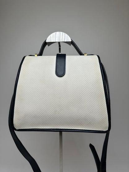 Vintage Yves Saint Laurent 2Way Canvas Leather Flap Bag White Navy
