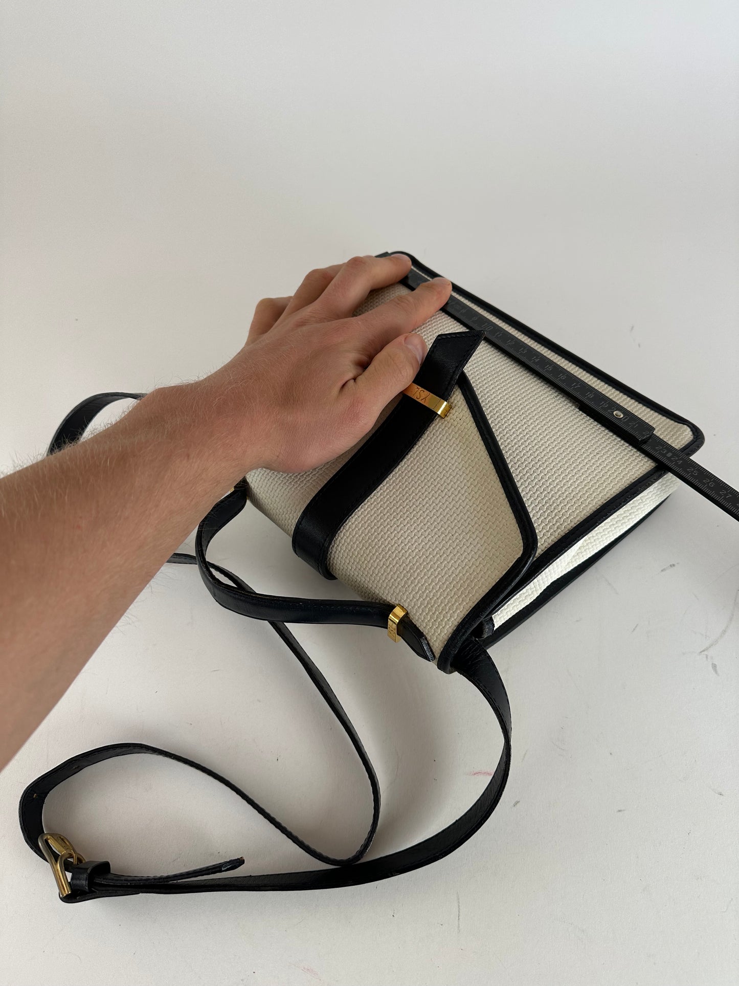 Vintage Yves Saint Laurent 2Way Canvas Leather Flap Bag White Navy