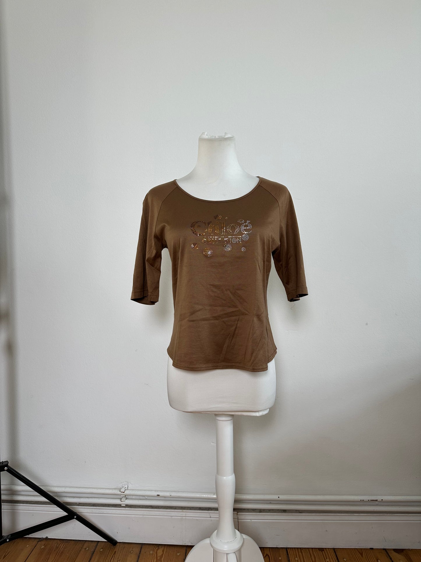 Vintage Chloé Embellished Logo Cotton Top Brown M