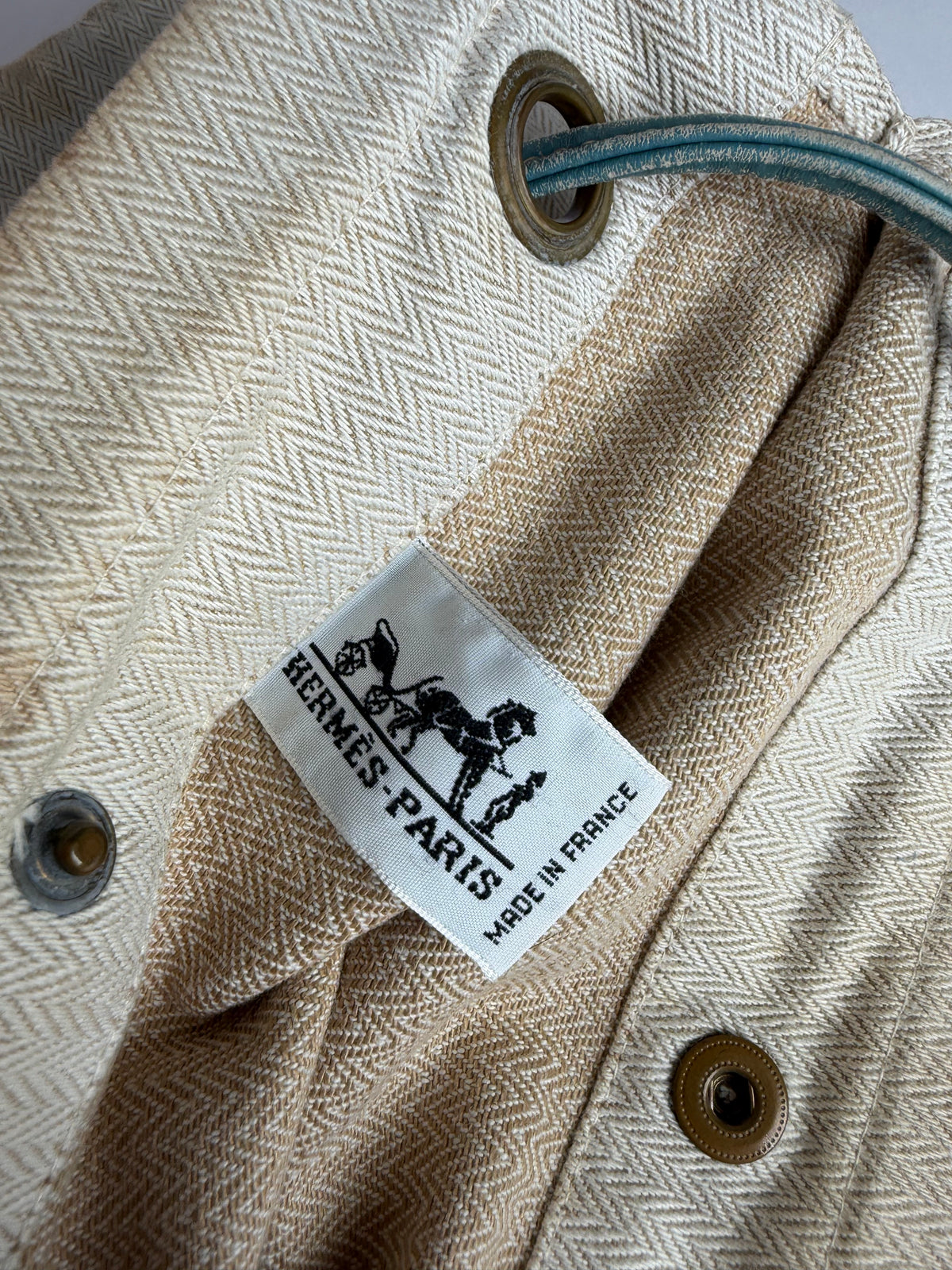 Vintage Hermes Hermès Herringbone Cotton Drawstring Pouch Beige Blue