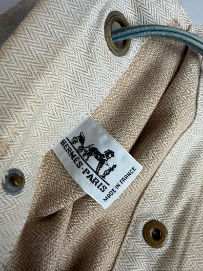 Vintage Hermes Hermès Herringbone Cotton Drawstring Pouch Beige Blue