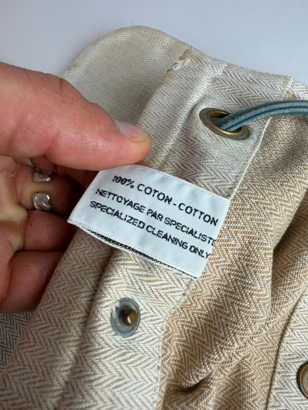 Vintage Hermes Hermès Herringbone Cotton Drawstring Pouch Beige Blue