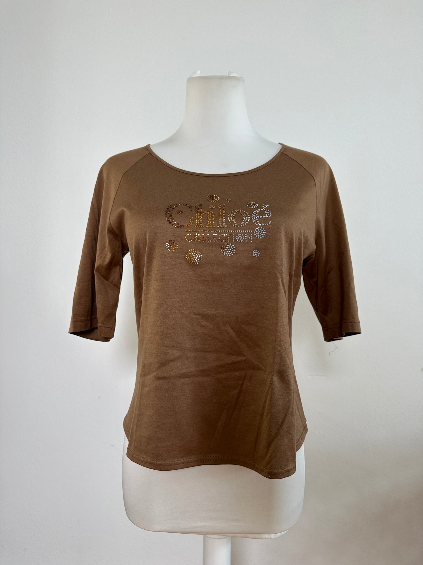 Vintage Chloé Embellished Logo Cotton Top Brown M