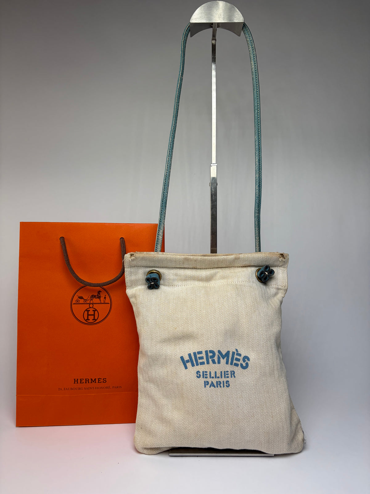 Vintage Hermes Hermès Herringbone Cotton Drawstring Pouch Beige Blue