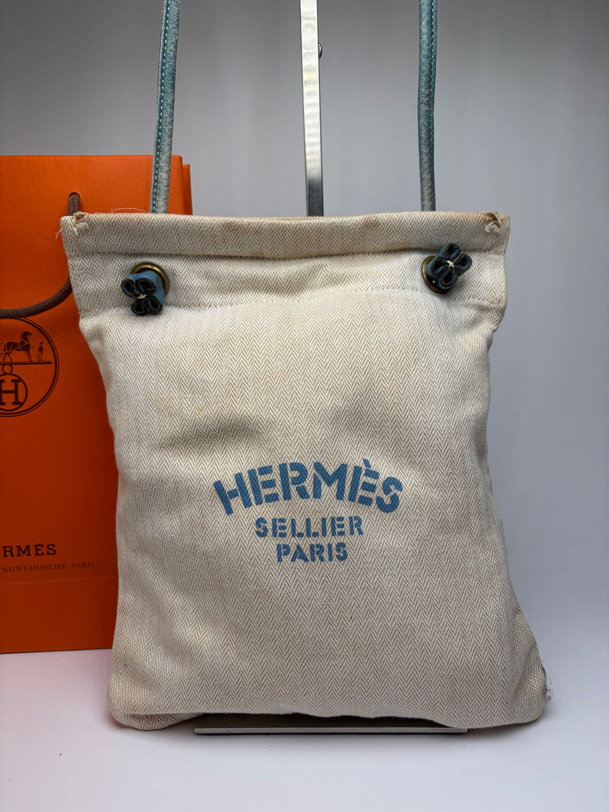 Vintage Hermes Hermès Herringbone Cotton Drawstring Pouch Beige Blue