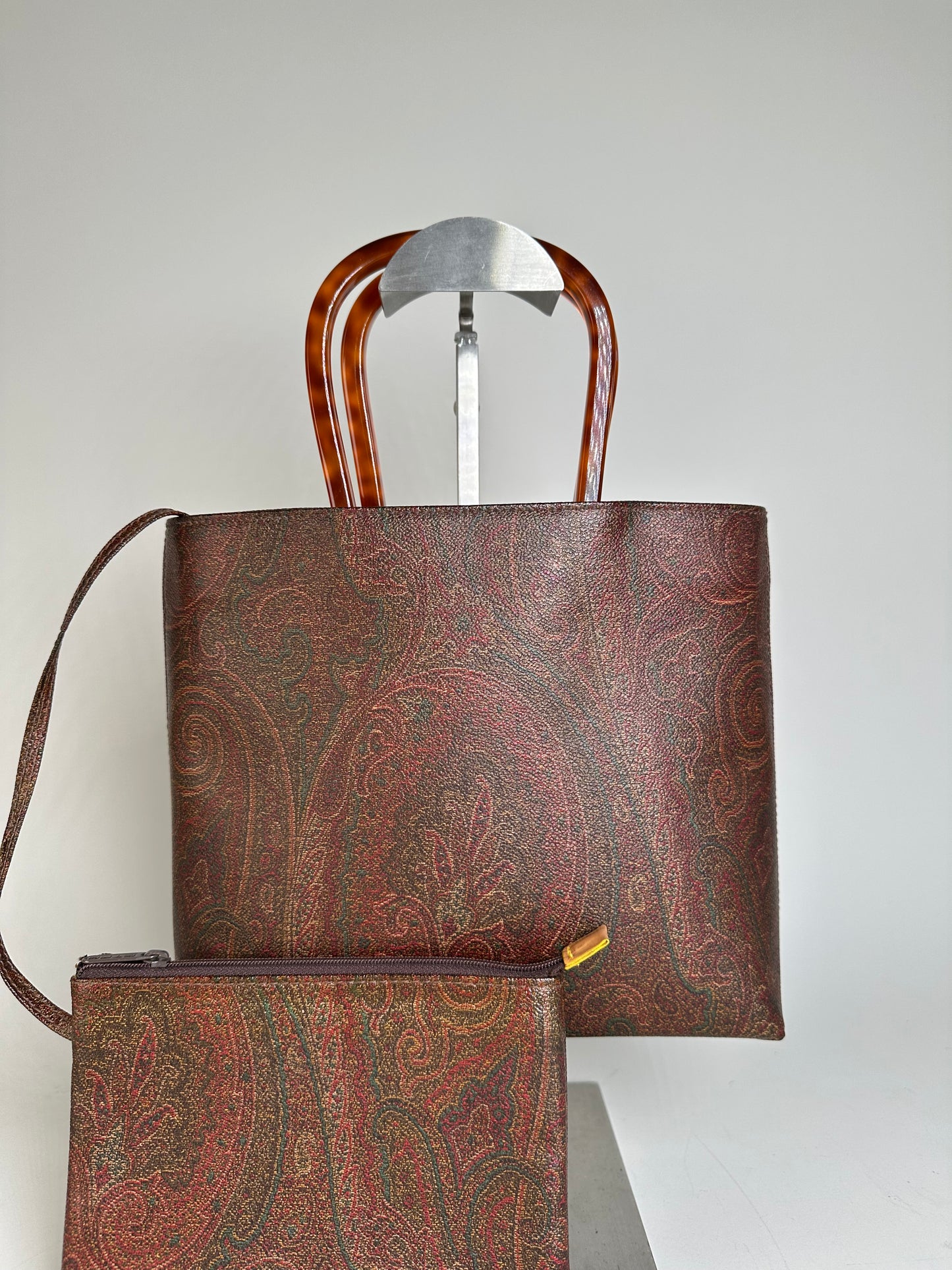 Vintage Etro Paisley Coated Canvas Tote Burgundy Rust