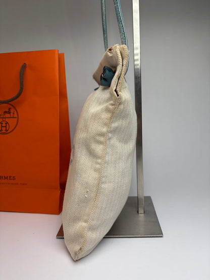 Vintage Hermes Hermès Herringbone Cotton Drawstring Pouch Beige Blue