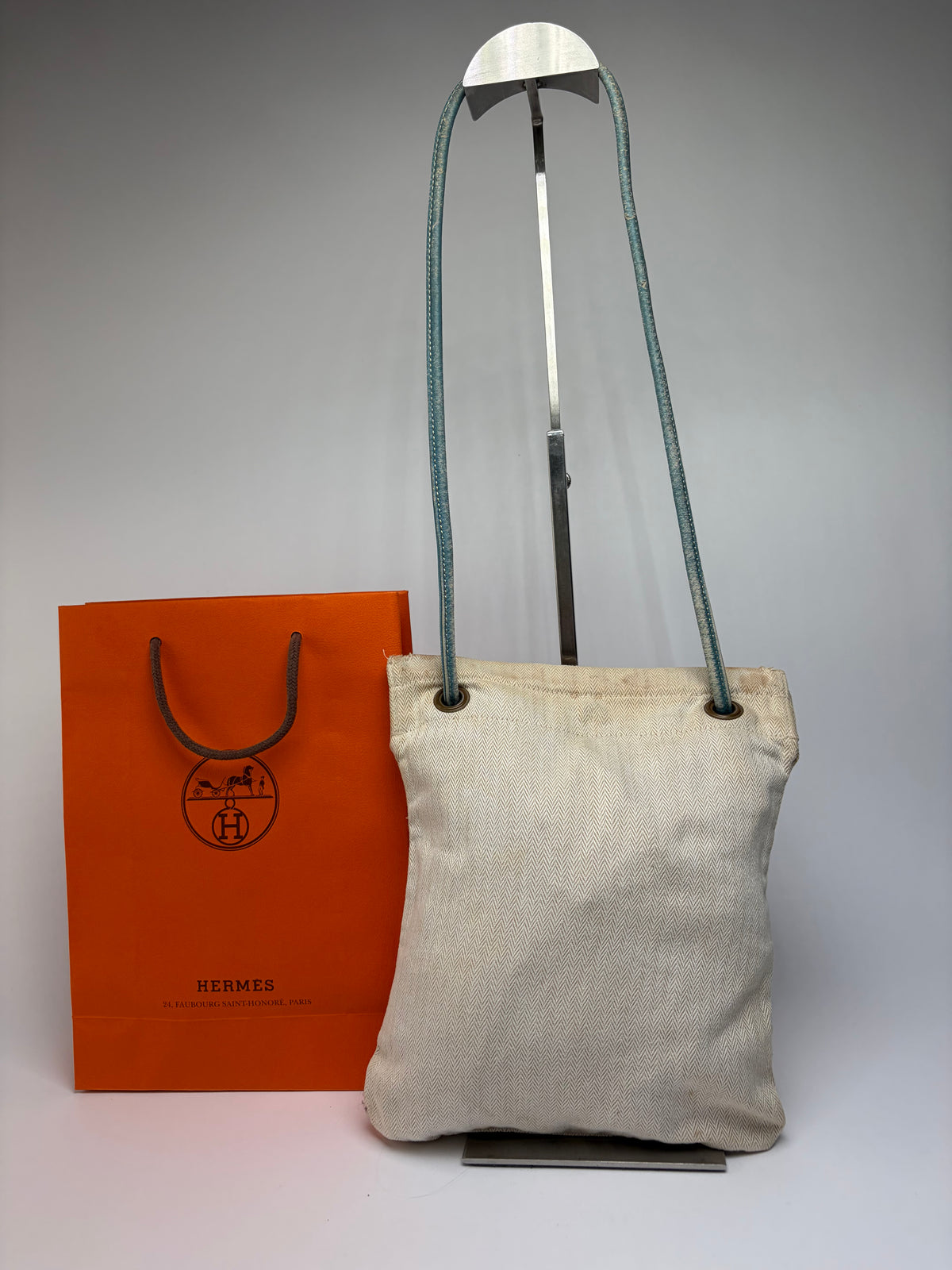 Vintage Hermes Hermès Herringbone Cotton Drawstring Pouch Beige Blue