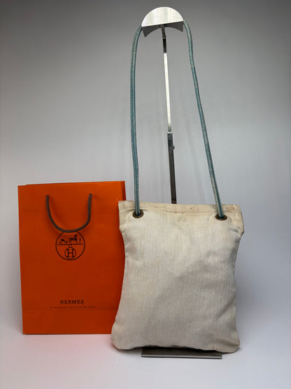 Vintage Hermes Hermès Herringbone Cotton Drawstring Pouch Beige Blue