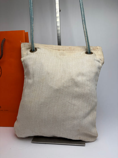 Vintage Hermes Hermès Herringbone Cotton Drawstring Pouch Beige Blue