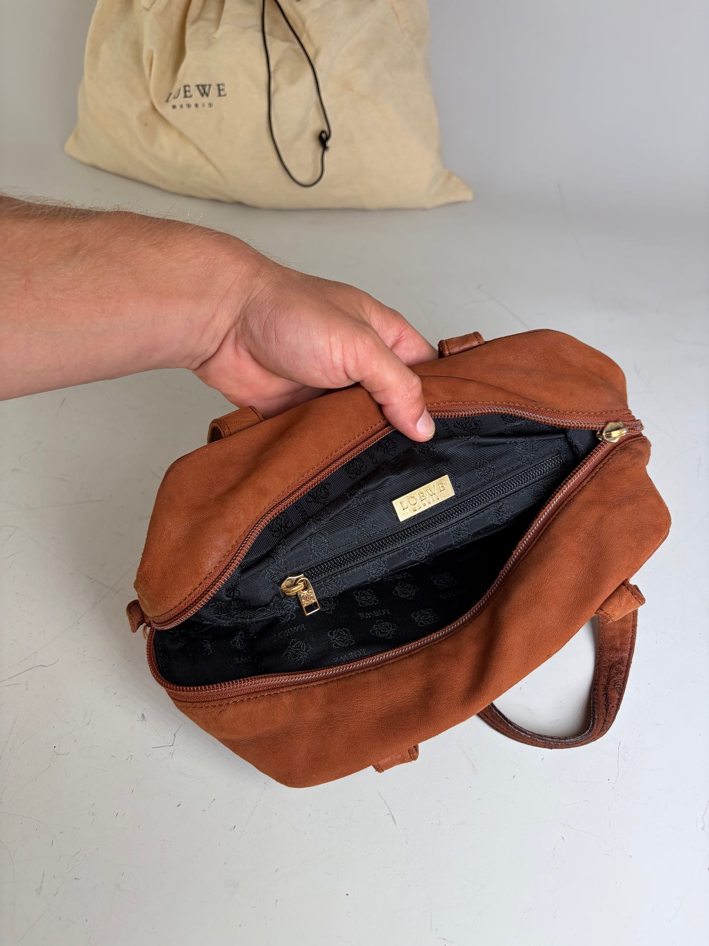 Vintage Loewe Suede Leather Handbag Brown Gold