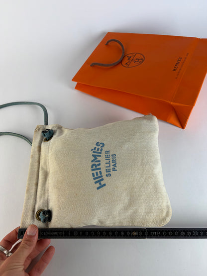 Vintage Hermes Hermès Herringbone Cotton Drawstring Pouch Beige Blue