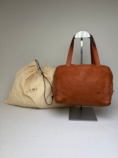Vintage Loewe Suede Leather Handbag Brown Gold
