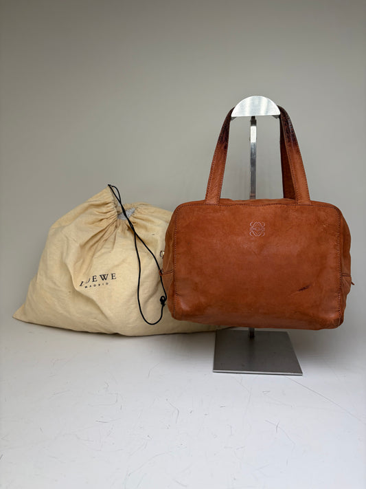 Vintage Loewe Suede Leather Handbag Brown Gold