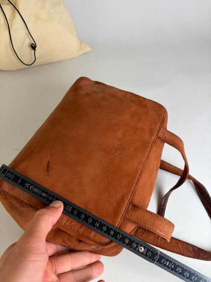 Vintage Loewe Suede Leather Handbag Brown Gold