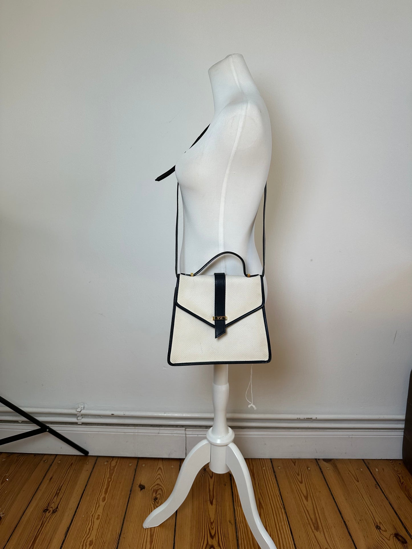 Vintage Yves Saint Laurent 2Way Canvas Leather Flap Bag White Navy