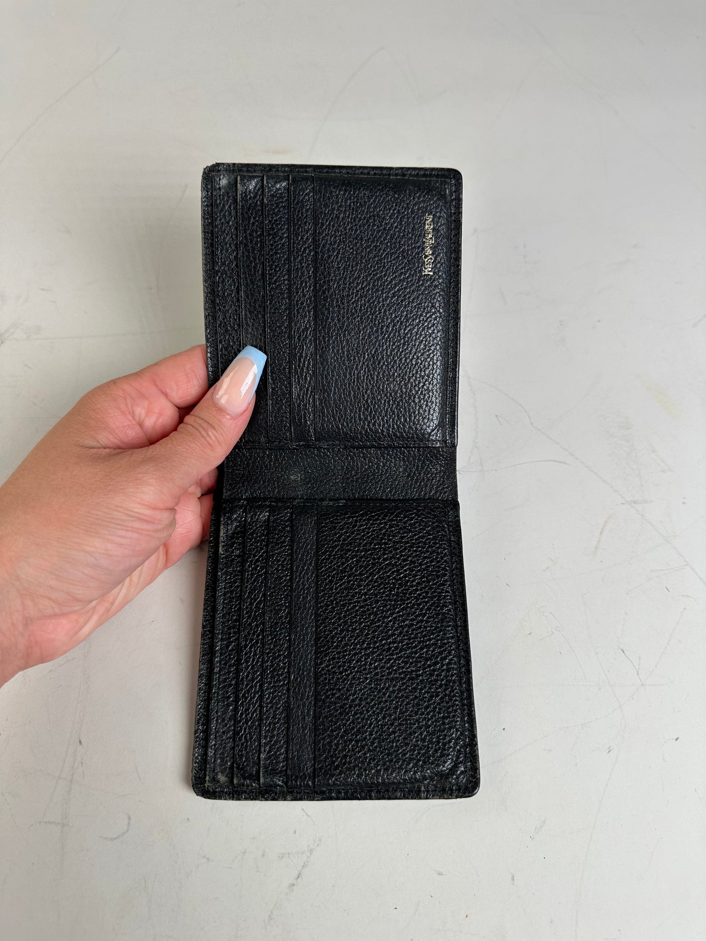 Vintage Saint Laurent Textured Leather Wallet Black Silver