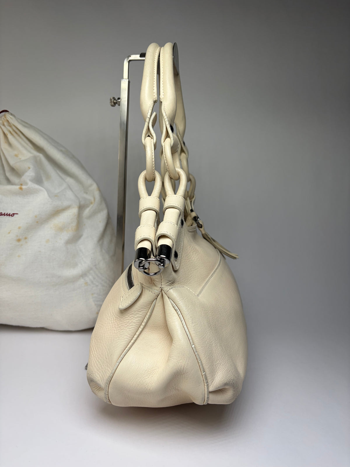 Vintage Ferragamo Soft Leather Hobo Bag Mid-2000s Ivory