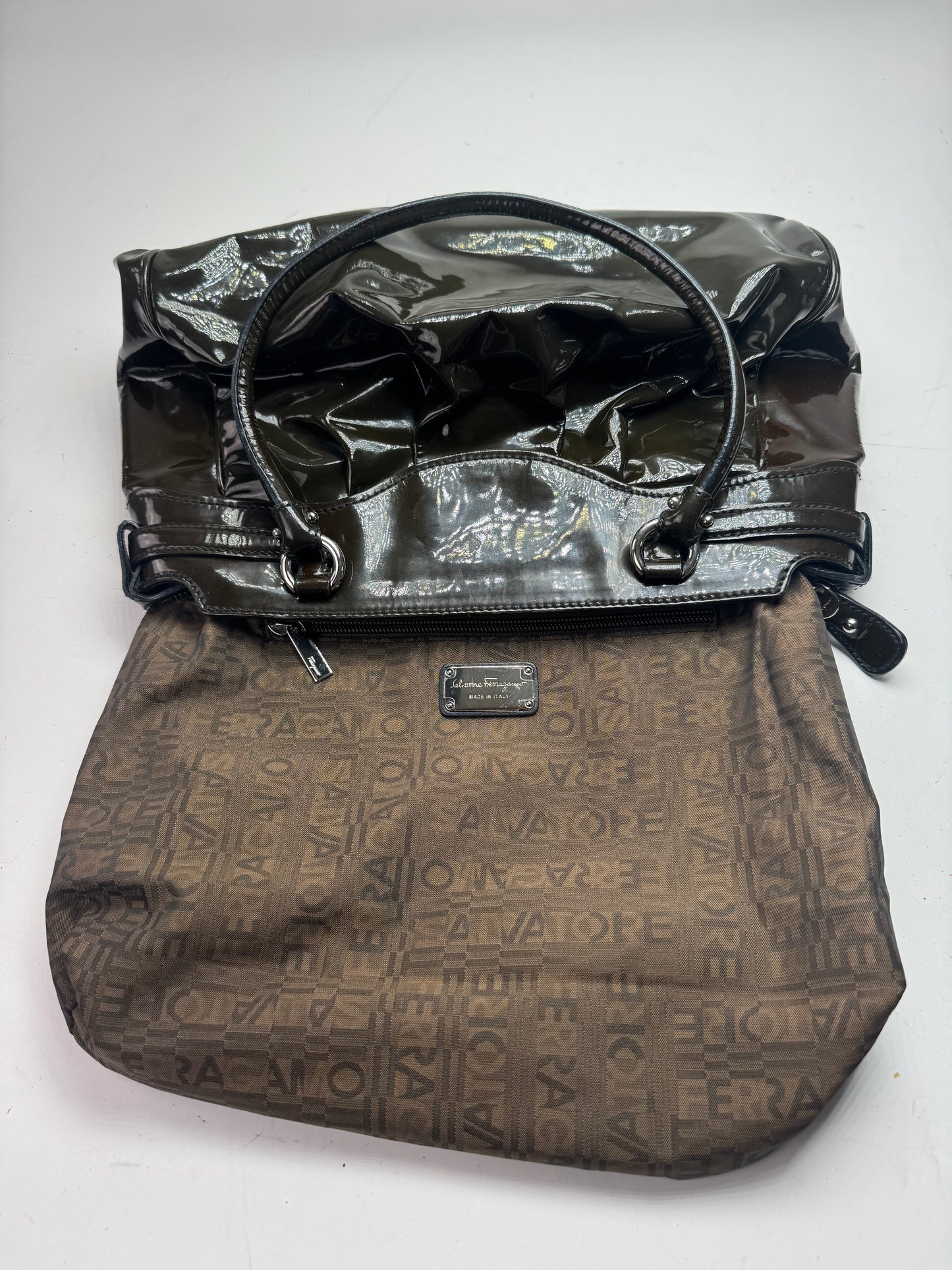 Vintage Salvatore Ferragamo Patent Leather Handbag Brown