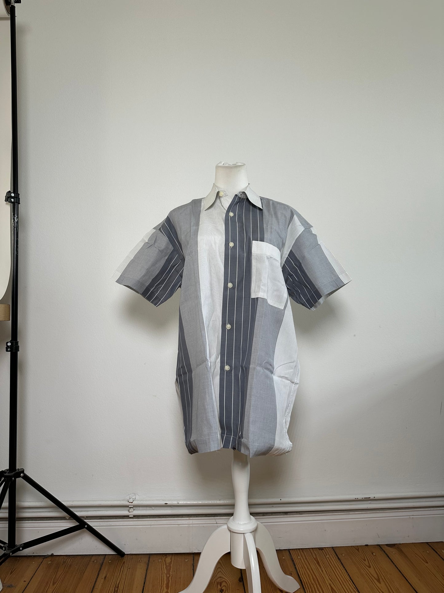 Vintage Issey Miyake Striped Cotton Shirt Grey White M
