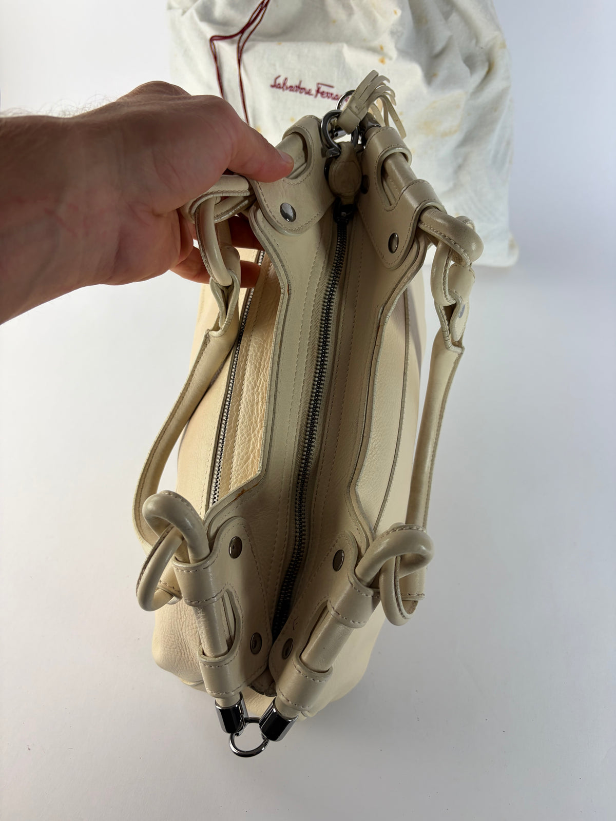 Vintage Ferragamo Soft Leather Hobo Bag Mid-2000s Ivory