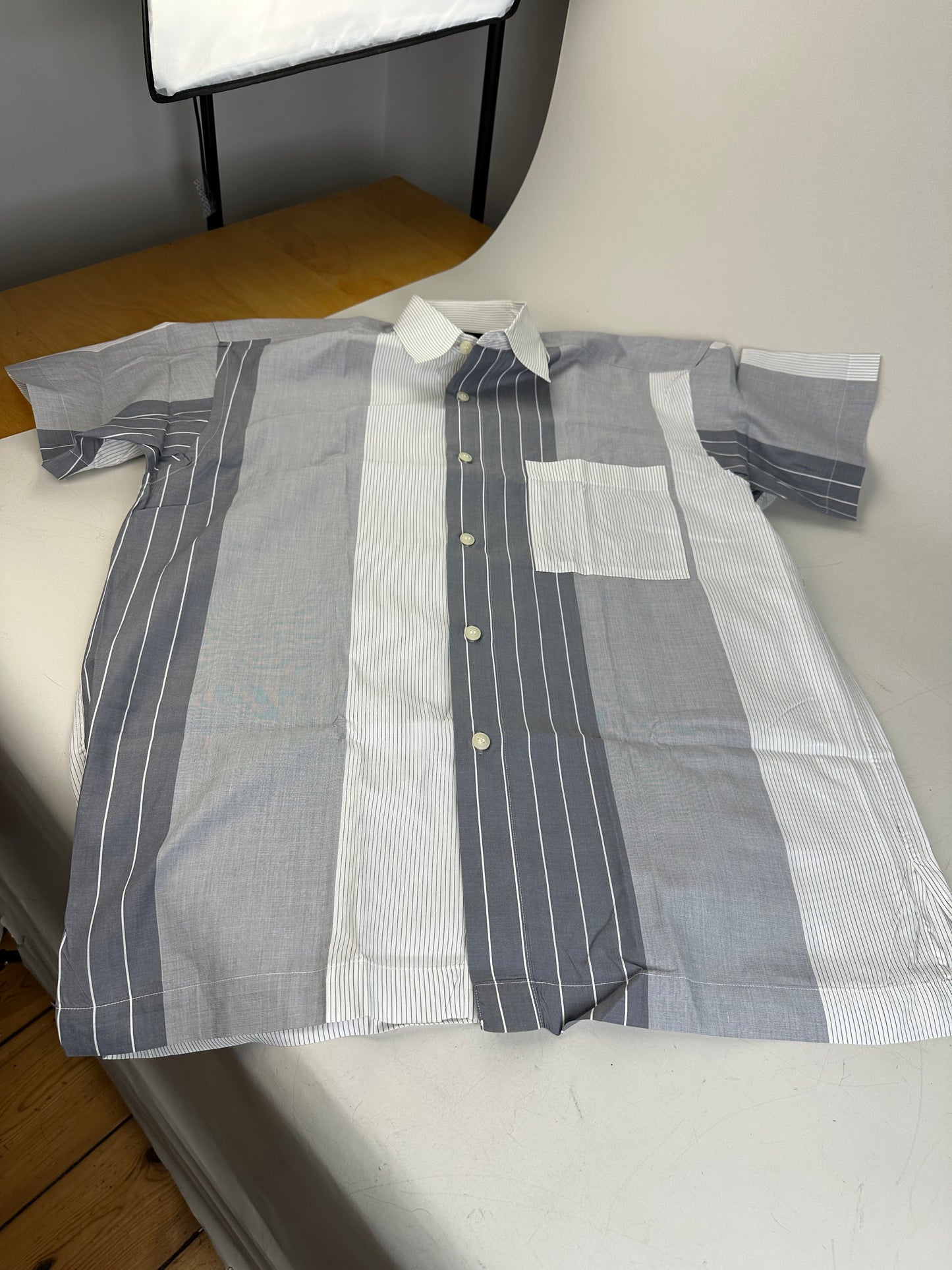 Vintage Issey Miyake Striped Cotton Shirt Grey White M