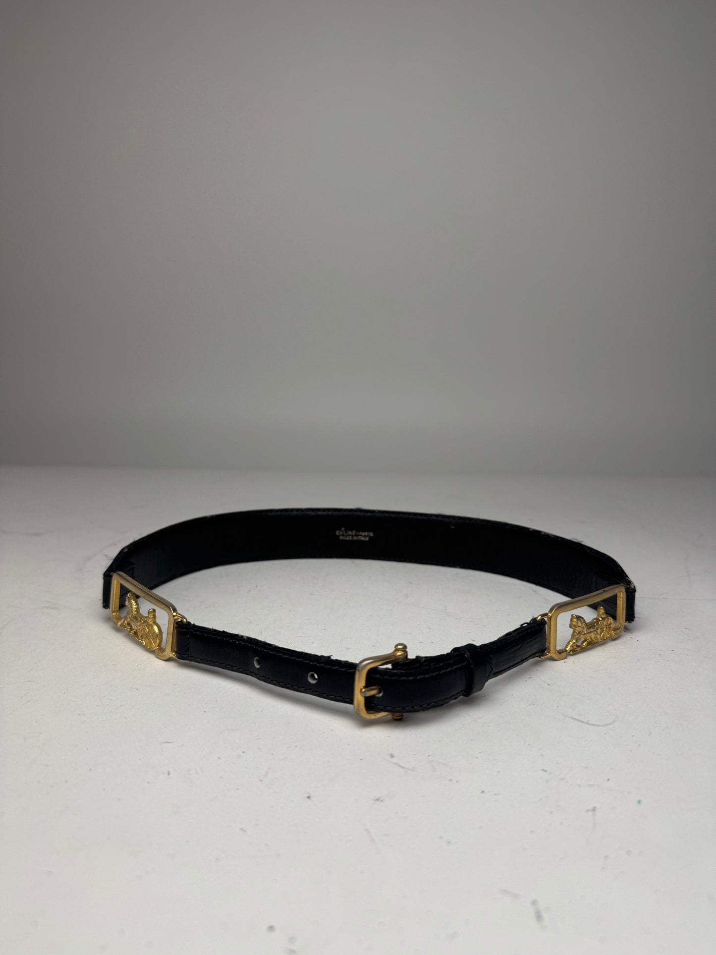 Vintage Celine Paris Carriage Logo Leather Belt Black