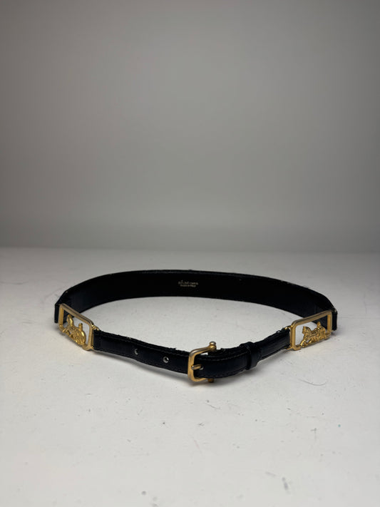 Vintage Celine Paris Carriage Logo Leather Belt Black