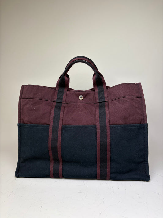 Vintage Hermes Canvas Tote Bag Burgundy Black