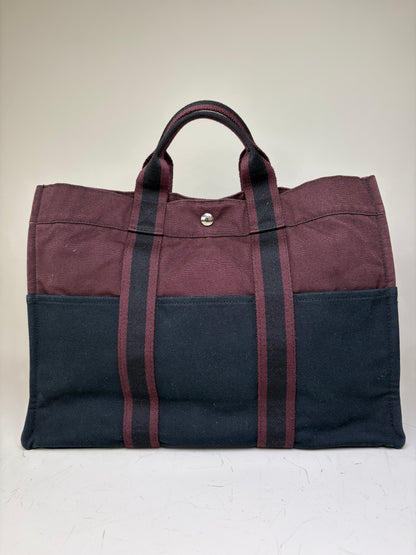 Vintage Hermes Canvas Tote Bag Burgundy Black