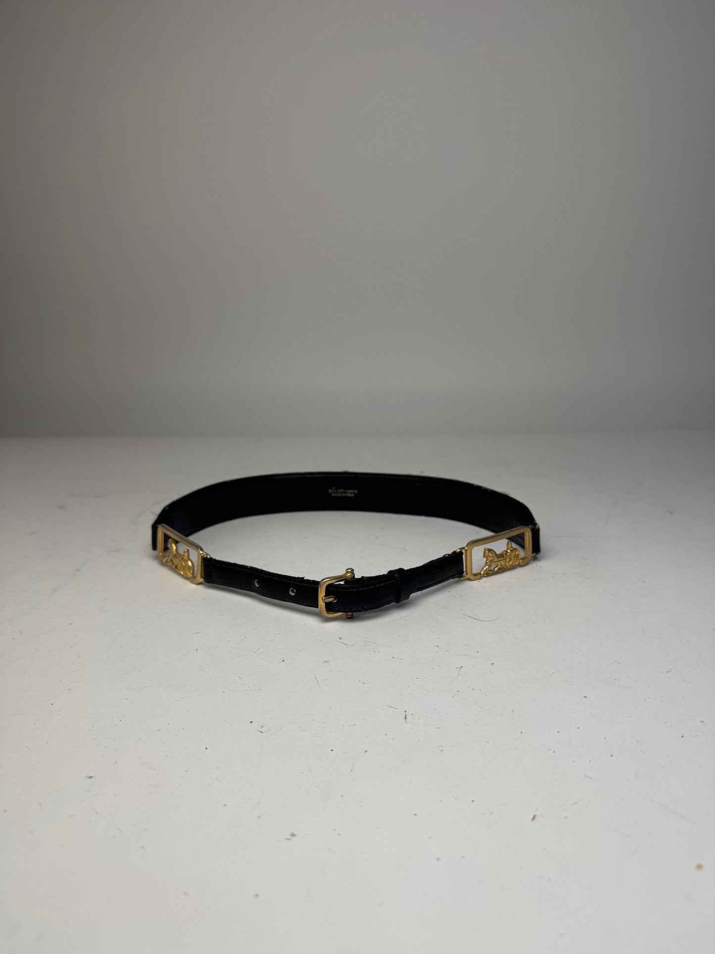 Vintage Celine Paris Carriage Logo Leather Belt Black