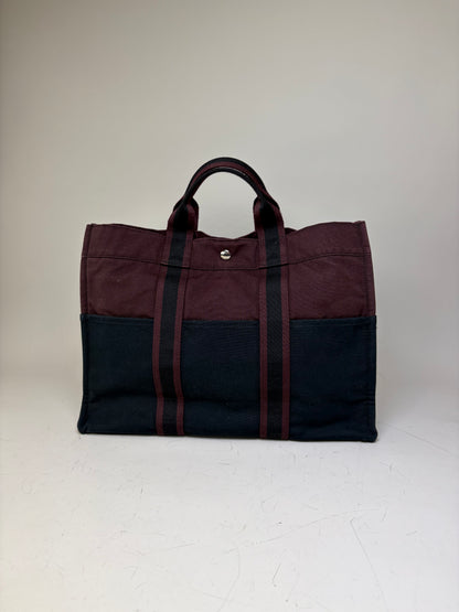 Vintage Hermes Canvas Tote Bag Burgundy Black