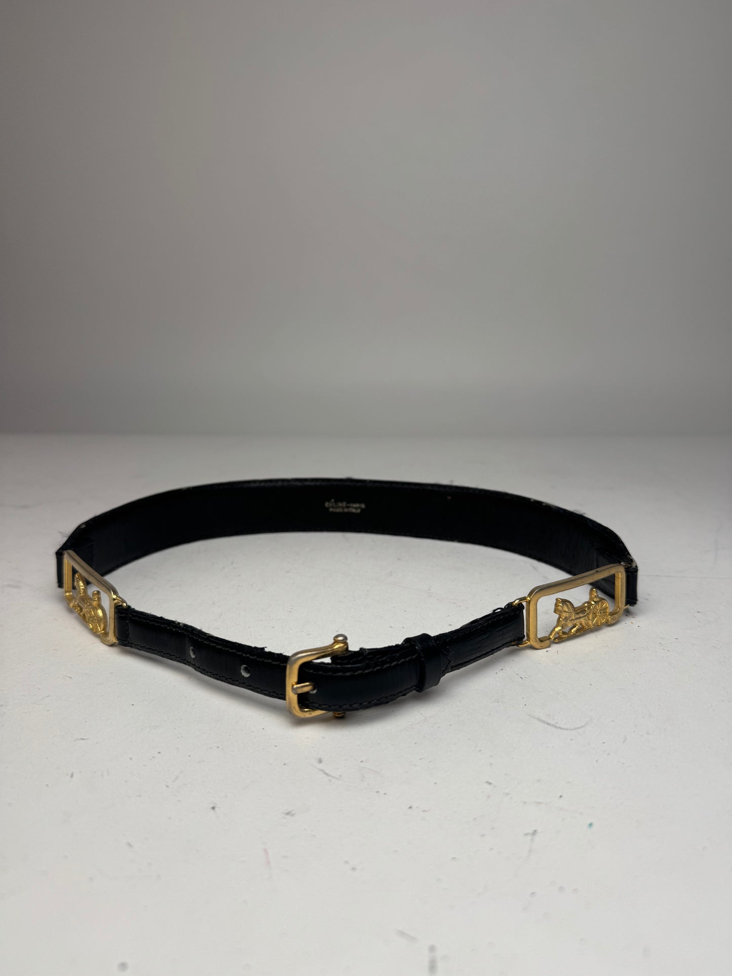 Vintage Celine Paris Carriage Logo Leather Belt Black