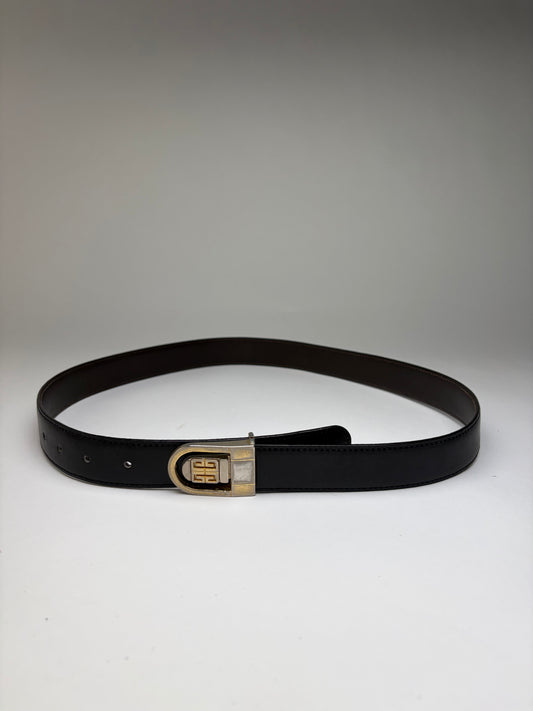 Vintage Givenchy 4G Logo Leather Belt c. Late 1970s Black Gold