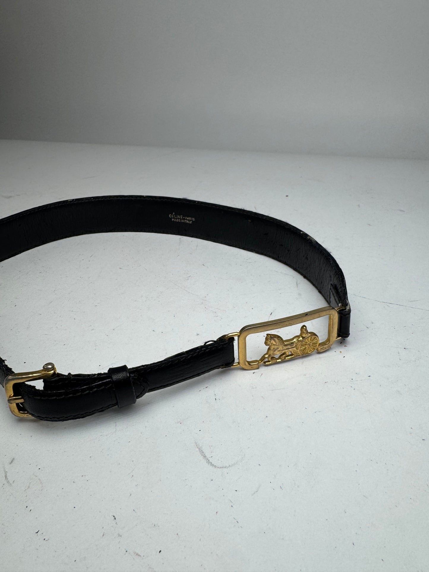 Vintage Celine Paris Carriage Logo Leather Belt Black