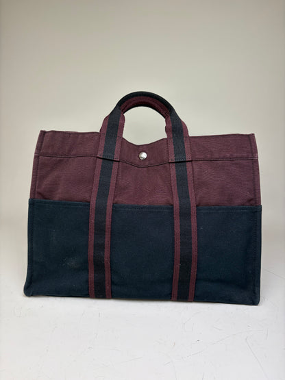 Vintage Hermes Canvas Tote Bag Burgundy Black