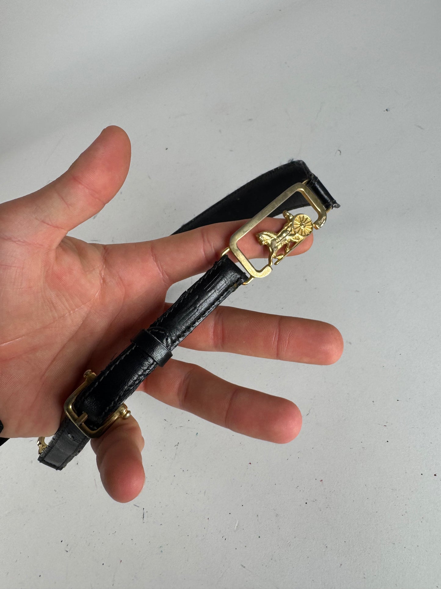 Vintage Celine Paris Carriage Logo Leather Belt Black