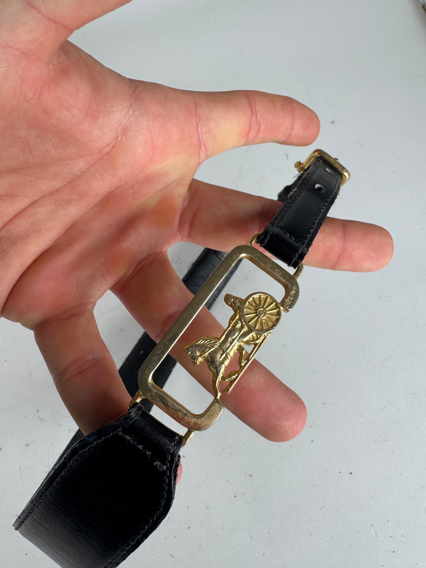 Vintage Celine Paris Carriage Logo Leather Belt Black