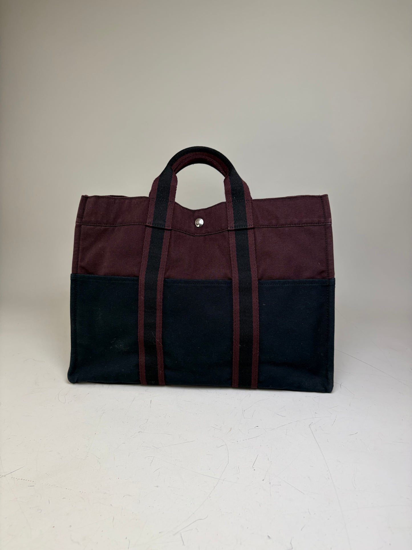 Vintage Hermes Canvas Tote Bag Burgundy Black