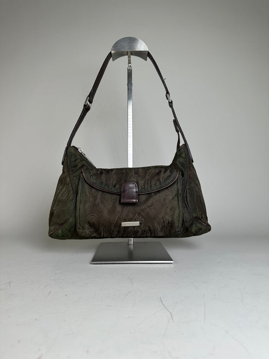 Vintage Etro Silk Blend Shoulder Bag Olive Brown Silver