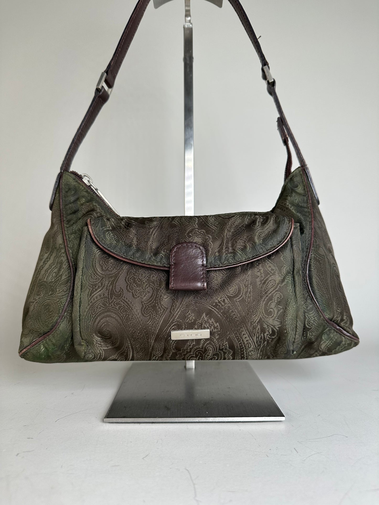 Vintage Etro Silk Blend Shoulder Bag Olive Brown Silver