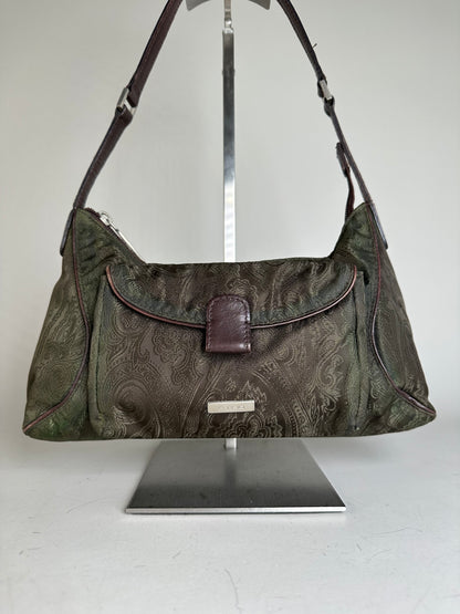 Vintage Etro Silk Blend Shoulder Bag Olive Brown Silver