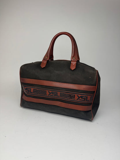 Sac vintage Yves Saint Laurent Mini Boston en cuir et toile noir et marron