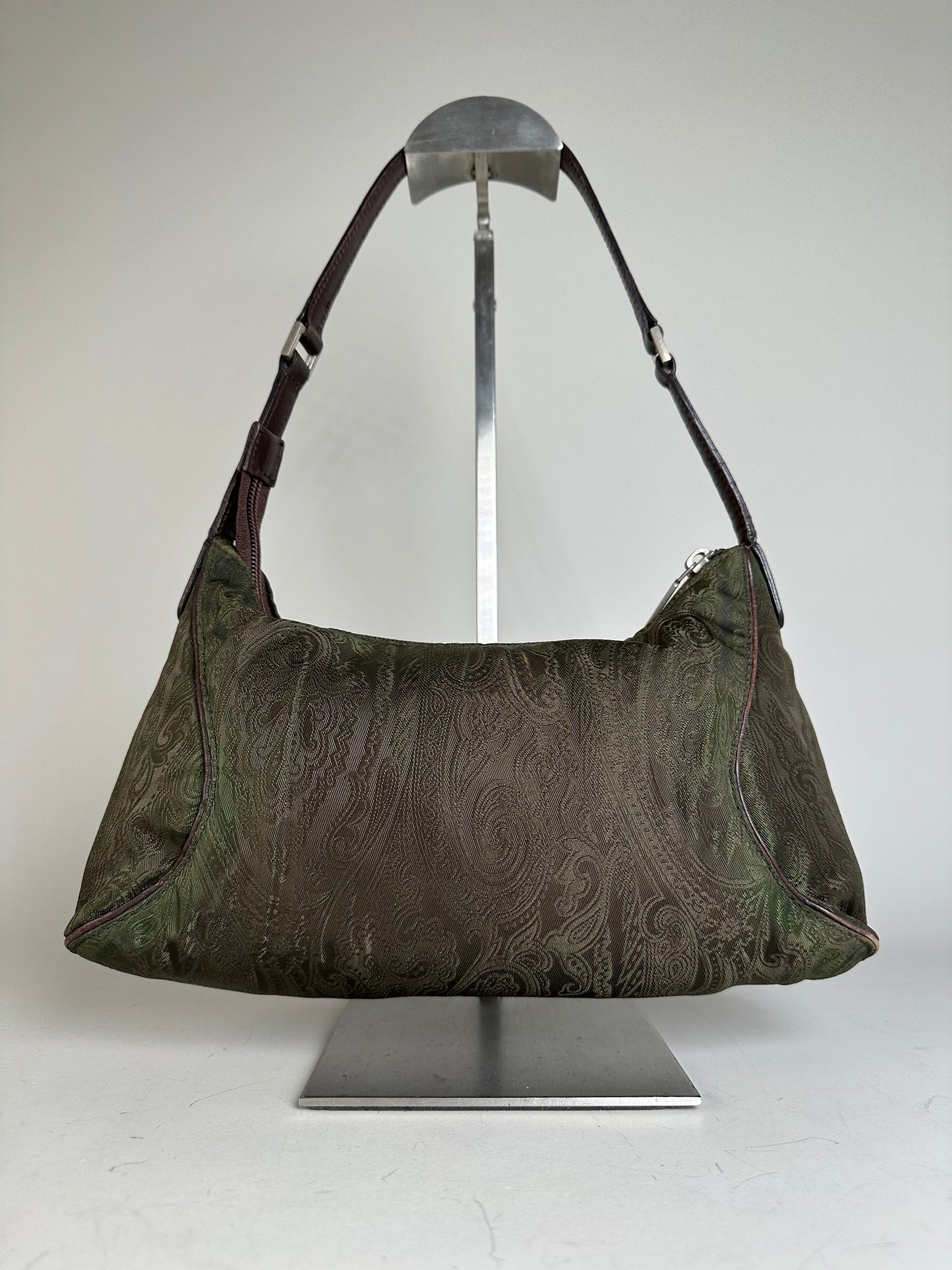 Vintage Etro Silk Blend Shoulder Bag Olive Brown Silver