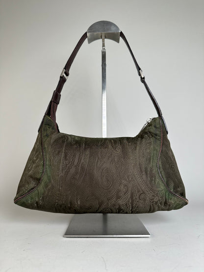 Vintage Etro Silk Blend Shoulder Bag Olive Brown Silver