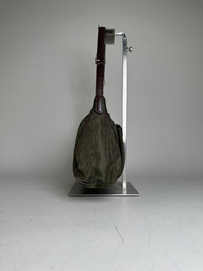 Vintage Etro Silk Blend Shoulder Bag Olive Brown Silver
