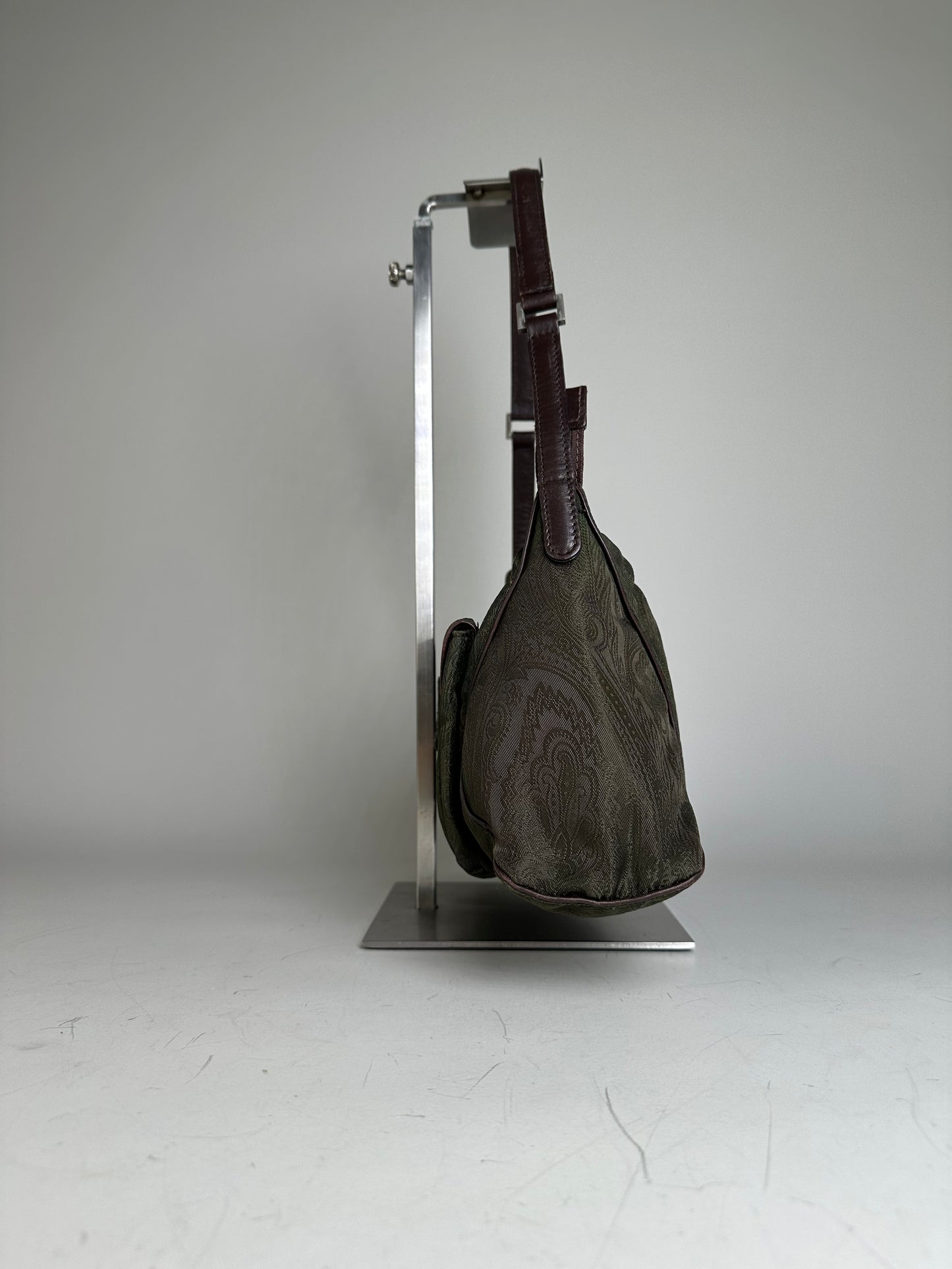 Vintage Etro Silk Blend Shoulder Bag Olive Brown Silver