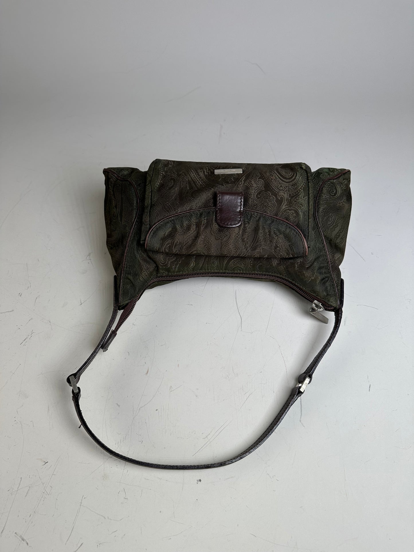 Vintage Etro Silk Blend Shoulder Bag Olive Brown Silver