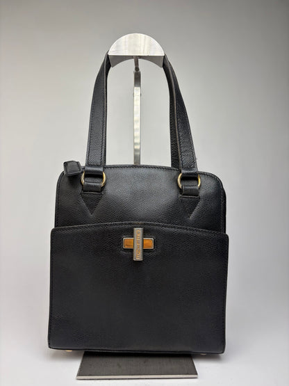 Vintage Celine Structured Grained Leather Top-Handle Bag Late 1980s Black